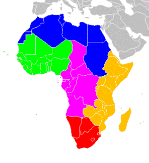 アフリカの地域: ██ 北アフリカ ██ 西アフリカ ██ 中部アフリカ ██ 東アフリカ ██ 南部アフリカ